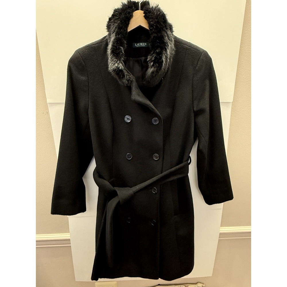 Lauren Ralph Lauren Wool Blend Trench Coat Black Faux Fur Collar Belted Size 16